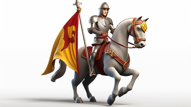 Cartoon knight on horseback with lance and shield