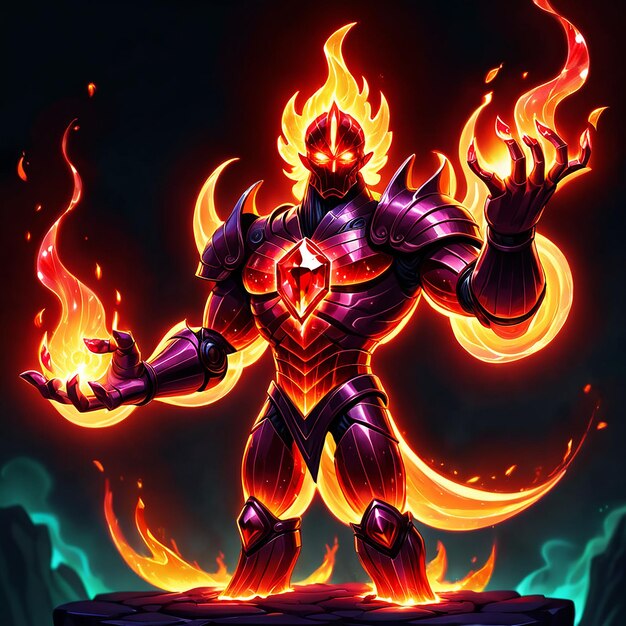 a cartoon of a knight with a flame on his chest