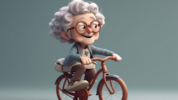 A cartoon lady on a bicycle with a big smile on her face.