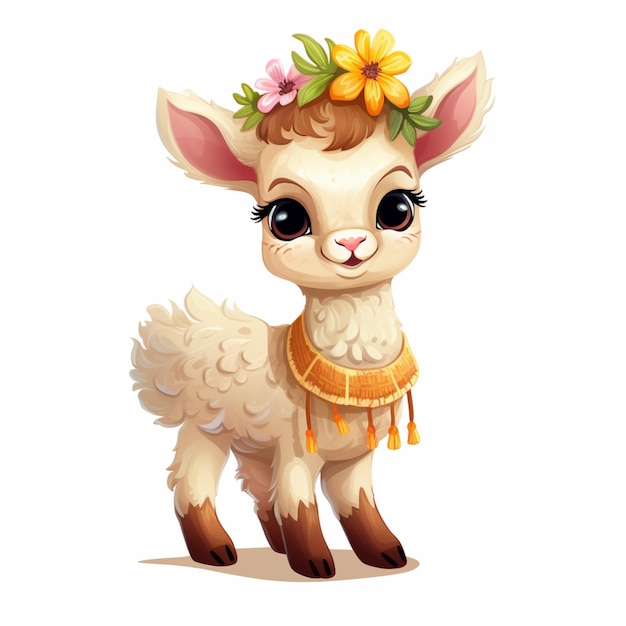 cartoon lamb with flower crown on head standing in front of white background generative ai