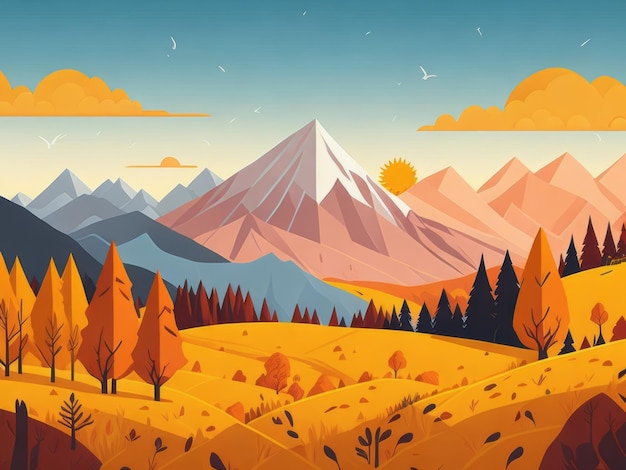 Cartoon landscape Wallpaper for presentation snow mountain sun autumn