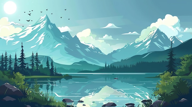 A cartoon landscape with a lake in the forest with mountains in the background