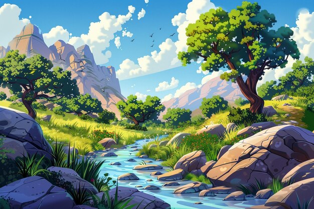 Photo cartoon landscape with a mountain river