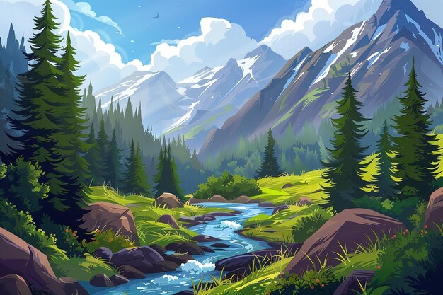 Cartoon landscape with a mountain river