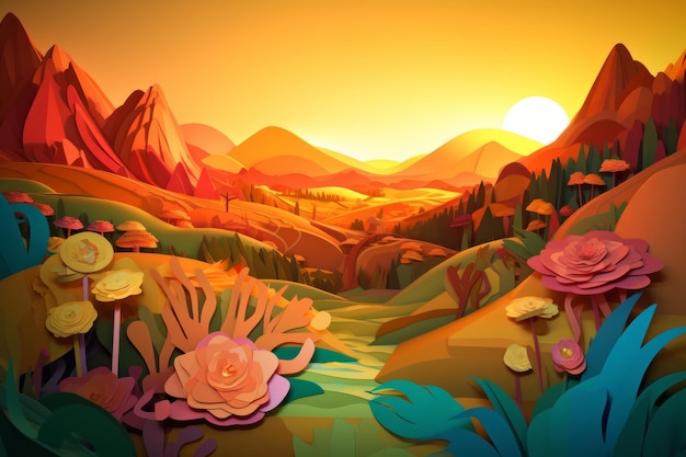 A cartoon landscape with a mountain and a river.