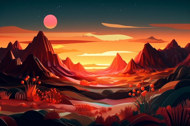 A cartoon landscape with mountains and a sunset.