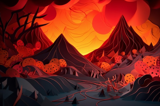 A cartoon landscape with mountains and trees in the background.