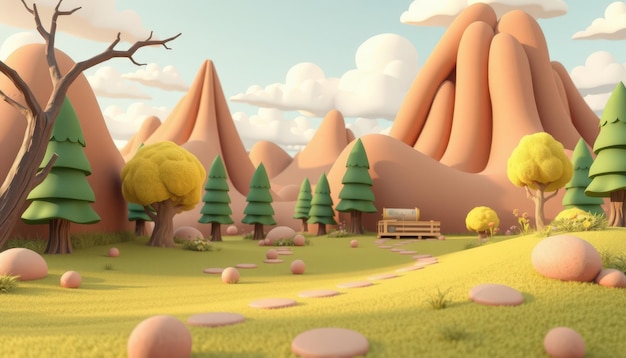 Photo cartoon landscape with path trees and mountains