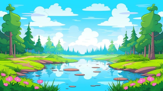 cartoon landscape with a reflective river lush greenery and blooming flowers under a clear sky