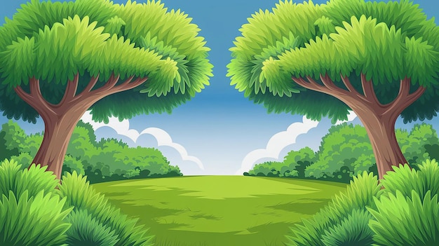 Cartoon landscape with two large green trees framing a beautiful meadow Cartoon Background