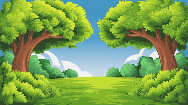 Cartoon landscape with two large green trees framing a beautiful meadow Cartoon Background