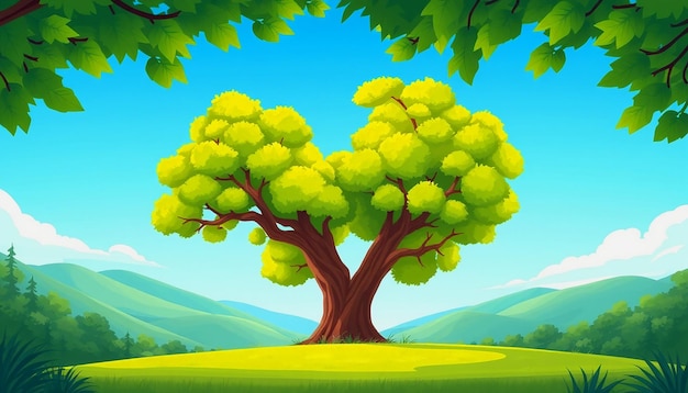 Cartoon landscape with two large green trees framing a beautiful meadow Cartoon Background