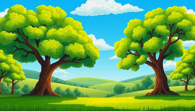 Cartoon landscape with two large green trees framing a beautiful meadow Cartoon Background