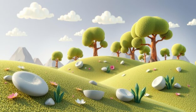 Photo cartoon landscape with white rocks and flowers in a green field