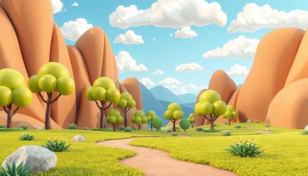 Cartoon landscape with winding path and bright green trees