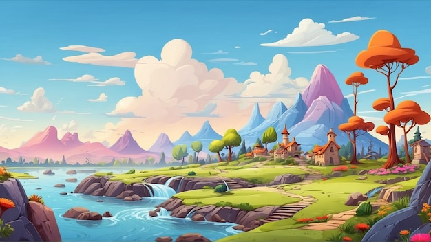 cartoon landscape with wooden home