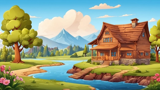 cartoon landscape with wooden home