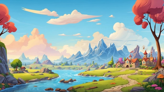 cartoon landscape with wooden home