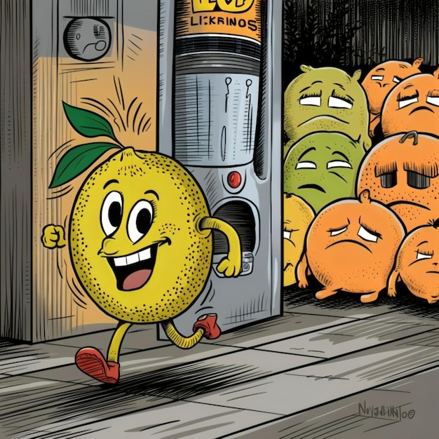 A cartoon of a lemon and a blender