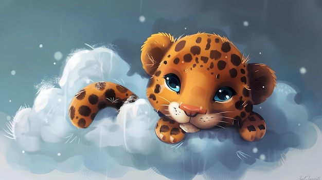 a cartoon leopard with blue eyes and a pink nose lies on a cloud with a brown ear visible in the foreground