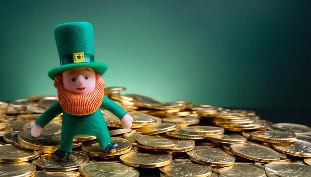 A cartoon Leprechaun St Patricks Day character amongst gold coins