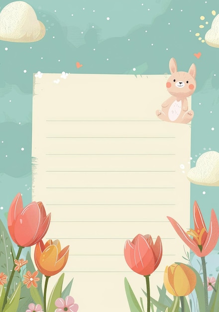 Cartoon Letter Paper for Kids with Rabbit on pastel blue background