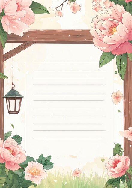 Photo cartoon letter paper with peonies wooden arch and lantern