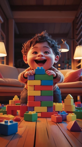 Cartoon like kid playing with cubes indoors