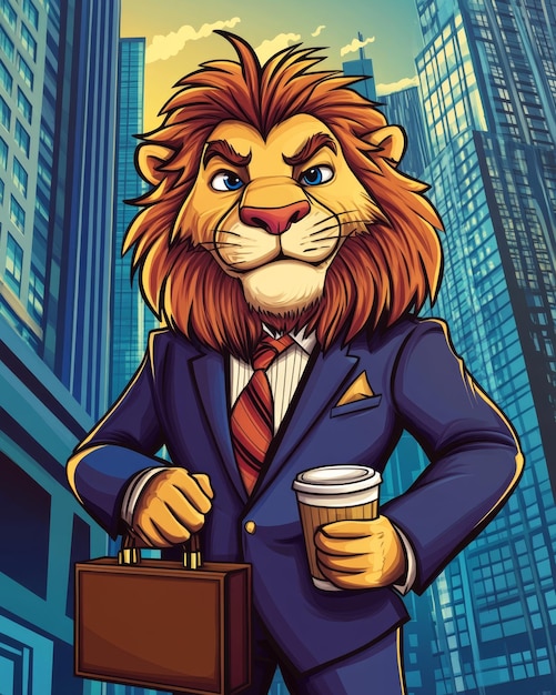 Photo cartoon lion in business attire with briefcase and coffee cup near skyscrapers in a city setting