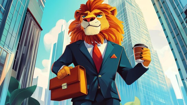 Photo cartoon lion in a suit carrying a briefcase and coffee cup in front of a vibrant skyscraper