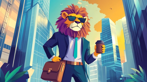 Photo cartoon lion in a suit holding coffee and a briefcase in a vibrant cityscape