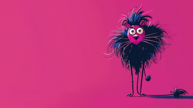 Cartoon lion with pink face and black mane stands on a pink background