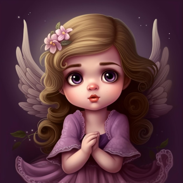 A cartoon of a little angel with big eyes and a purple dress.