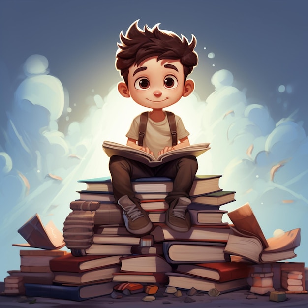 Cartoon little boy carrying a piles of book