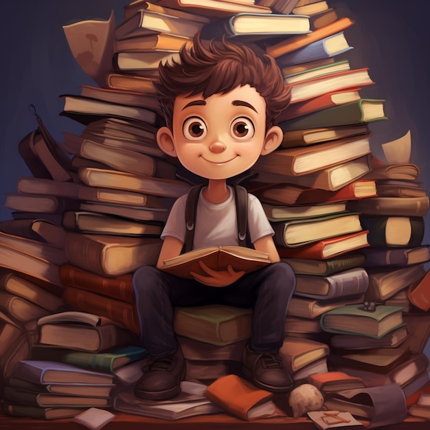 Cartoon little boy carrying a piles of book