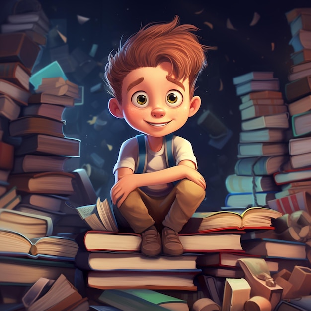 Cartoon little boy carrying a piles of book