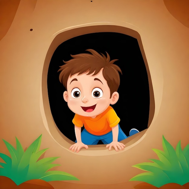 a cartoon of a little boy looking through a hole in a wooden wall