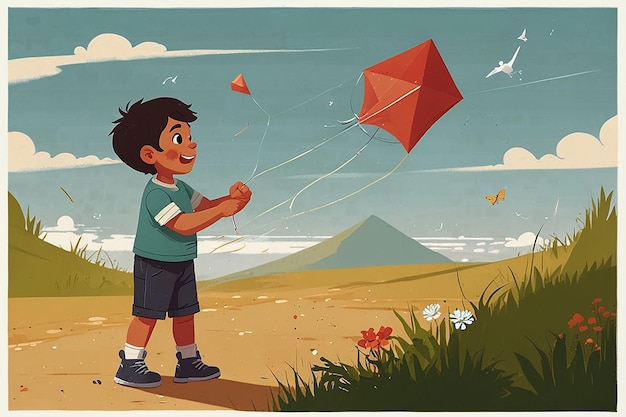 Photo cartoon little boy playing kite flat art vector illustration