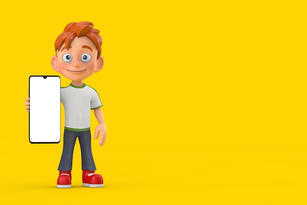 Cartoon Little Boy Teen Person Character Mascot and Modern Mobile Phone with Blank Screen for Your Design 3d Rendering