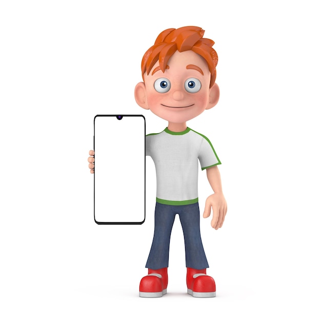 Cartoon Little Boy Teen Person Character Mascot and Modern Mobile Phone with Blank Screen for Your Design 3d Rendering