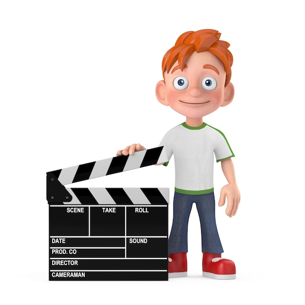 Photo cartoon little boy teen person character mascot with movie clapper board 3d rendering