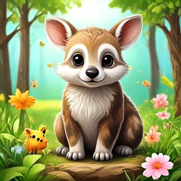 a cartoon of a little fox sitting on a log in a forest with flowers and a cat