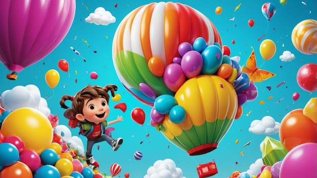 Photo a cartoon of a little girl running with balloons and a little girl running in the air