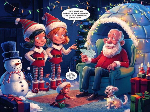 Photo a cartoon of a little girl and a santa claus with a santa hat