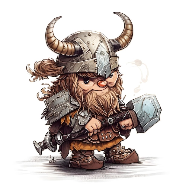 A cartoon of a little Viking with a hammer on his head