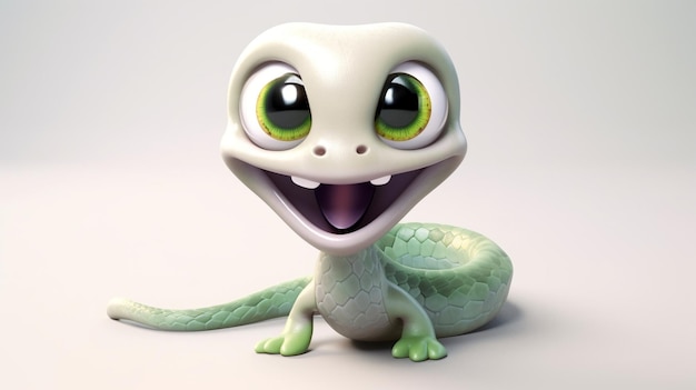 A cartoon lizard with green eyes and a green tail sits on a white surface.