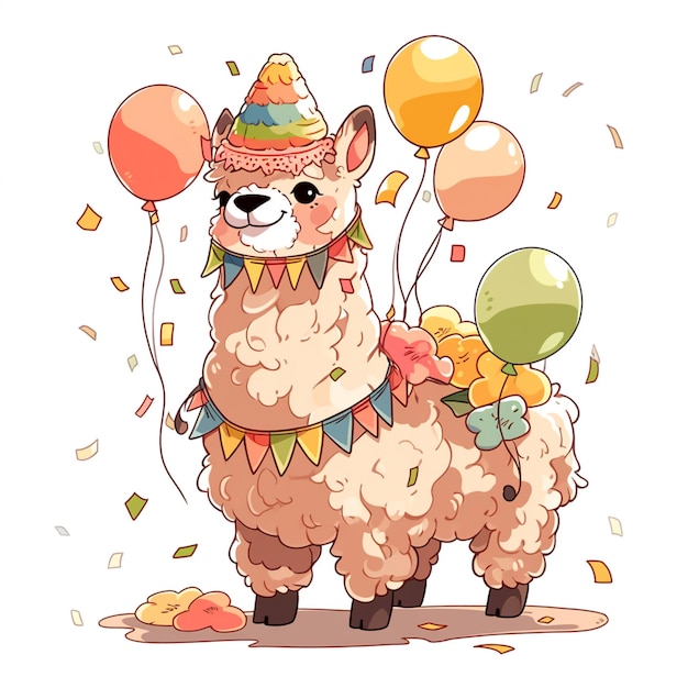 cartoon llama with party hat and balloons on white background generative ai