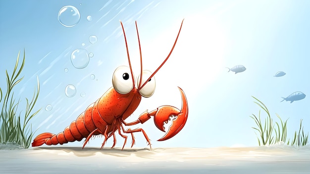 Cartoon Lobster Scuttling Along the Ocean Floor with Swaying Seaweed and Swimming Fish