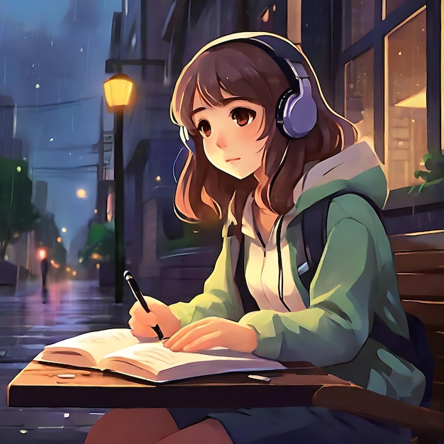 Photo cartoon lofi young manga style girl studying while listening to music and raining in the street