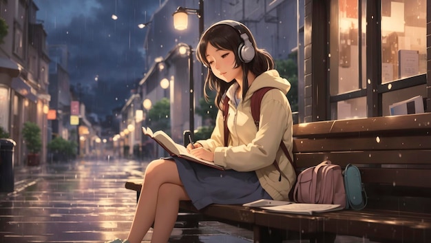 Cartoon lofi young manga style girl studying while listening to music